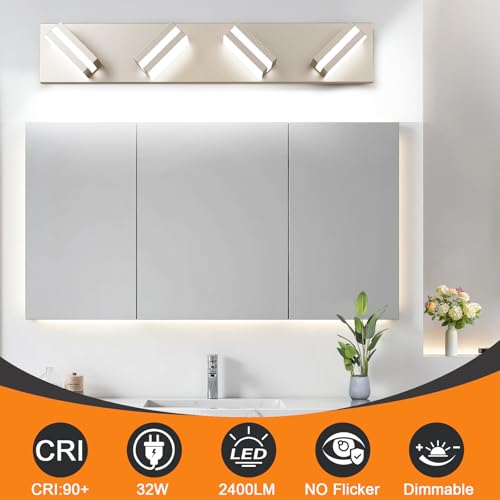 Leifod Nickel 4-Light Modern LED Vanity Light Fixture, 24 Inch Dimmable Bathroom Wall Light, No Assembly Required