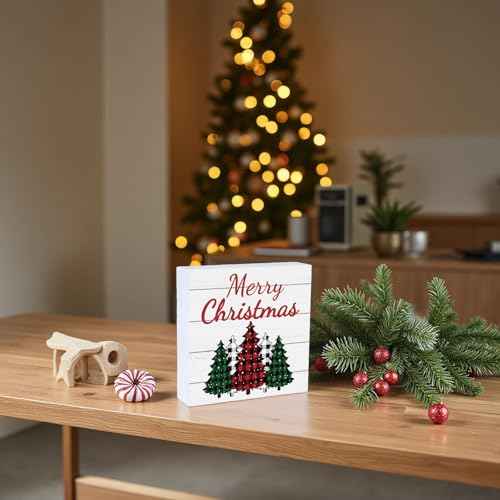 Christmas Table Decorations Christmas Decor Indoor Home Room Buffalo Plaid Tree Office Bathroom Wood Box Sign Rustic Wooden Shelf Desk Decor Season Sign House Warming Gifts 5.9 x 5.9 Inch