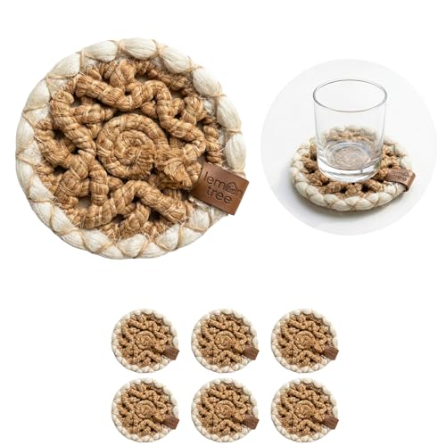 LEMON TREE White & Natural Braided Placemats & Coasters Set 6 - 5.12 Inch, Waterproof Table Mats