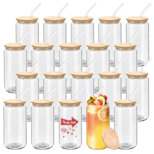 20 Pack 16oz Glass Beer Can Shaped Drinking Cups with Bamboo Lids & Glass Straws