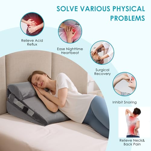 Adjustable Memory Foam Wedge Pillow Set - 12 Inch + 1 Head Pillow, Plush Grey, Post-Surgery & Reflux Relief