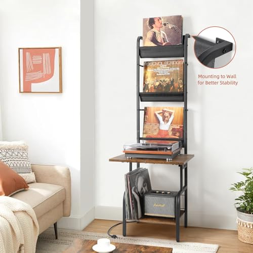 Tewinko Record Player Stand with Power Outlet & Vinyl Storage - Black & Brown