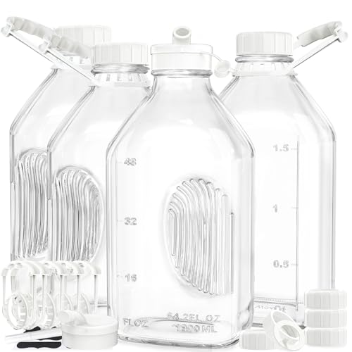 Syntic 4 Pack 64 Oz Glass Milk Bottles with Lids,Pour Spouts & Scale