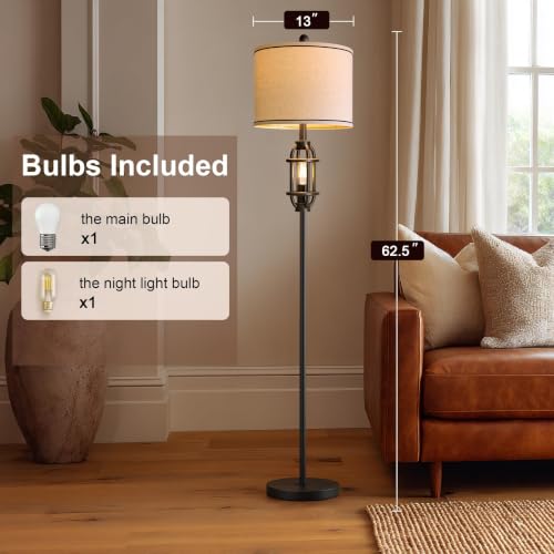 G-SAFAVA 62.5-Inch Industrial Black Floor Lamp with Linen Shade - Tall Standing Living Room Lamp with Dual Rotary Switch