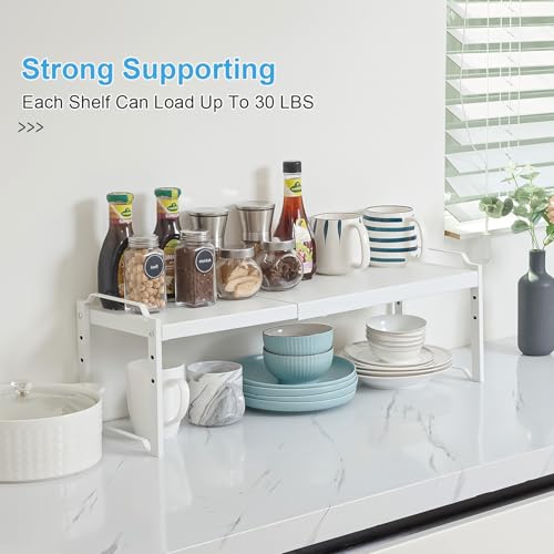 White 2-Pack Expandable Kitchen Cabinet Shelves Organizer, Adjustable & Stackable Storage Rack
