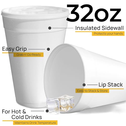 50 Pack 32 Oz Styrofoam Cups with Lids - Large Disposable Foam Cups for Hot & Cold Drinks - Made in USA