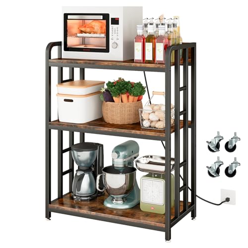Rustic 3-Tier Adjustable Microwave Cart with Power Outlet and Casters - Brown