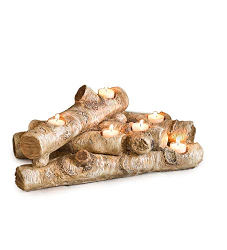 Plow & Hearth Faux Birch Wood Resin Candle Holder for Fireplace, 8 Tea Lights, 18" L - Romantic Decor