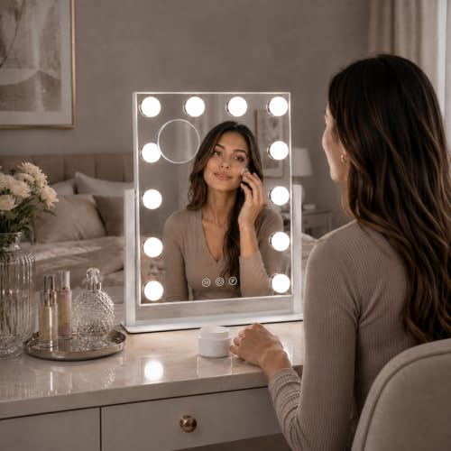 ZBOCAI Dimmable Vanity Mirror with Lights 12 Bulbs 16.4 x 13.1 inch - White Hollywood Makeup Mirror with Detachable 10X Magnifier