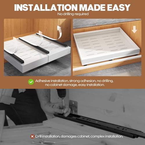 White 2 Pack Expandable Pull Out Cabinet Organizers for Wide Cabinets - 15.1 to 26.3 inch Width, 21 inch Depth, No Drill, Rolling Shelves