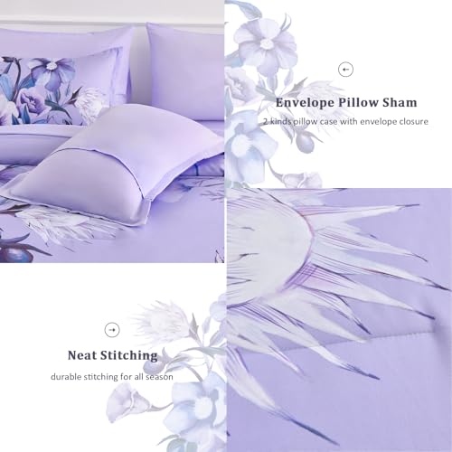 Queen Size Lavender Floral Comforter Set - 7 Piece Microfiber Bedding, All Season