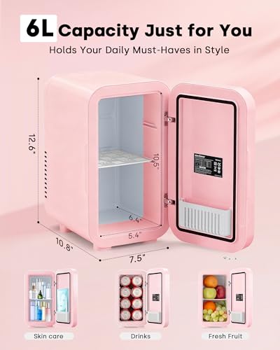 Pink Enventor Mini Fridge 6L Skincare & Makeup Cooler with LED Mirror