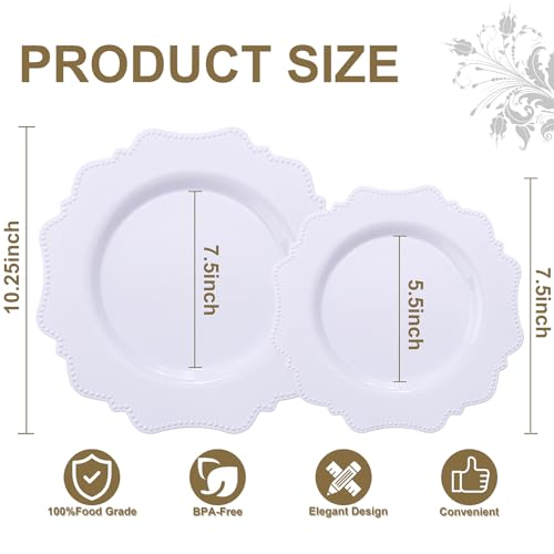 White Disposable Plastic Plates - 100 Pack, Beaded Party Dinner & Dessert Plates