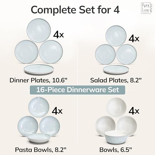 Light Beige Blue Stoneware Dinnerware Set for 4 - 16 Pieces, Handcrafted Plates & Bowls