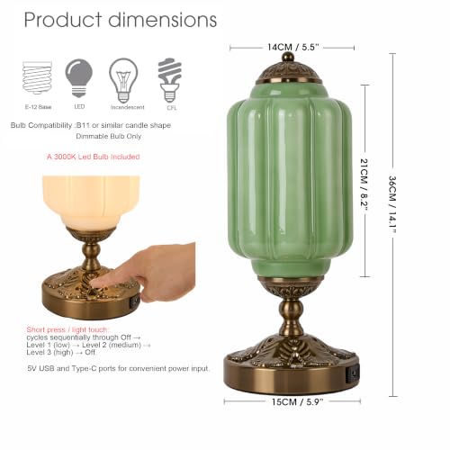 Vintage Touch Table Lamp with Green Milk Glass Shade & Antique Brass Base, 3-Way Dimmable Desk Light with USB Charging