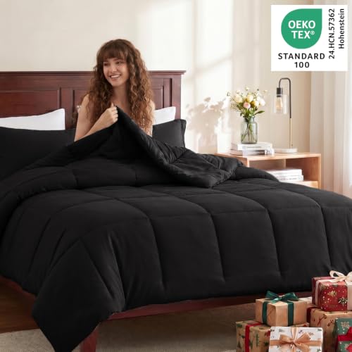 CozyLux Queen Comforter Set Black 3-Piece Box-Stitched Microfiber Bedding