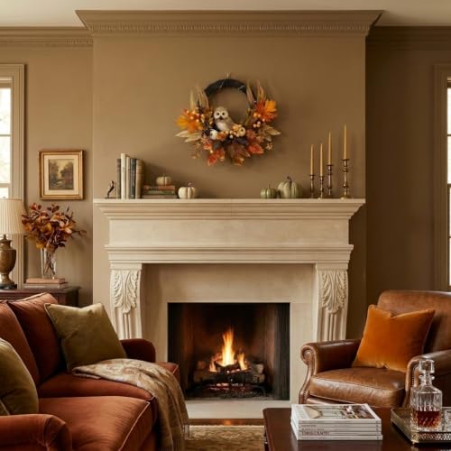 18 Inch Fall Wreath with Owl Pumpkin and LED Lights - Autumn Decor