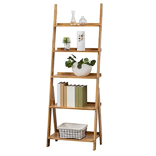 Natural 5-Tier Bamboo Ladder Shelf Bookcase - Freestanding Storage Organizer