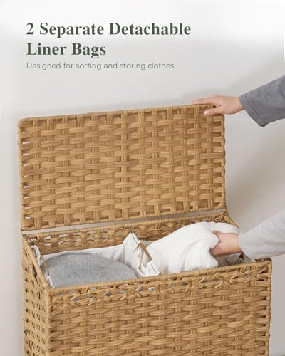 Large 112L Natural Rattan Laundry Hamper with Lid & Removable Liners - Foldable & Mesh Bags Included