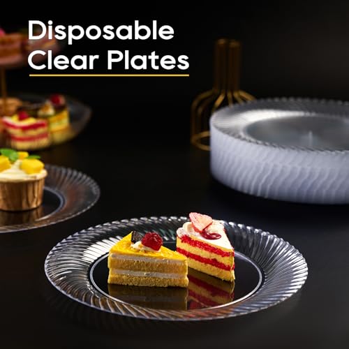 Disposable Clear Plastic Dinner Plates - 10 Inch, 100 Count, Heavy Duty, Elegant Edges