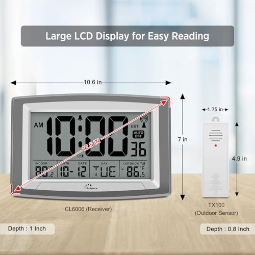 WallarGe 12.5 Inch Self-Setting Atomic Wall Clock with Indoor/Outdoor Temp