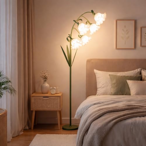 Green & White Flower Floor Lamp with 5 LED Bulbs, Adjustable Arc Standing Light for Living Room & Bedroom