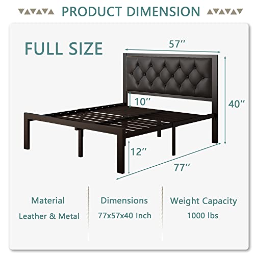 Full Size Metal Bed Frame with Faux Leather Button Tufted Headboard - Black, 12-Inch Storage