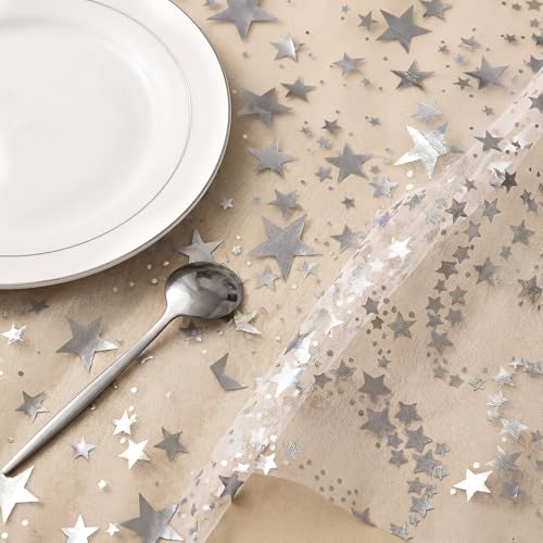 3 Pcs Silver Star Table Runners - Glitter Chiffon Organza 11x118in (28x300cm) Set