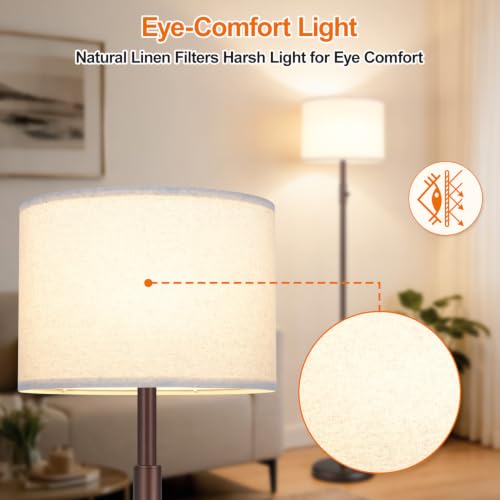 Yemela Upgraded Dimmable Floor Lamp with Linen Shade - Brown-Beige Tall Standing Light for Living Room & Bedroom