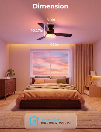 SMAVISTA 42-Inch RGBW LED Ceiling Fan Light with Remote - Black + Walnut, Flush Mount, Dimmable & WiFi Compatible
