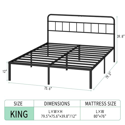 King Bed Frame with Classic Headboard - 12 Inch Support, Black