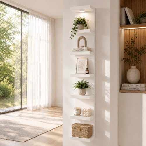 TFK 7 Tier White Floating Wall Shelf with LED Lights - Tall Display Storage