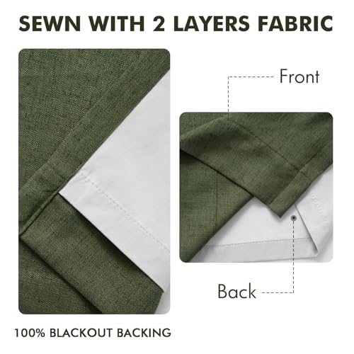 MIULEE Olive Green Pinch Pleated Linen Blackout Curtains 40x108 Inches (Pack of 2, Loden)