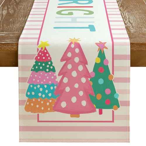 GEEORY Christmas Table Runner 13x60 Inch, Striped Trees Merry and Bright Xmas Decorative Farmhouse Table Decoration for Kitchen Dinning, Indoor Outdoor Dinner Party (Pink) GT125-60