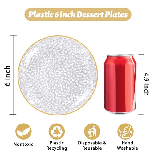 Rubtlamp 100 Pack Clear Gold Plastic Dessert Plates 6 Inch - Hammered Elegant Appetizer & Cake Plates for Weddings & Parties
