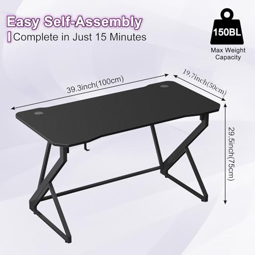 Grandder 40 Inch Black Z-Shaped Gaming Desk with Carbon Fiber Surface & Headphone Hook
