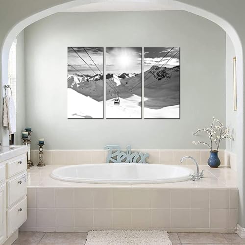 Winter Ski Lift Wall Art Canvas Print - Black & White Mountain Landscape Decor