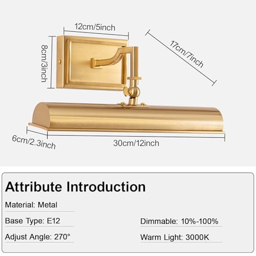 Gold Wall Picture Light - 12 Inch Hardwired Art Display Sconce, 270° Rotatable & Dimmable, E12 Base, for Painting & Artwork
