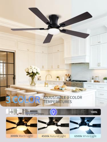 Black 52 Inch Low Profile Ceiling Fan with Light Remote Control - Modern Flush Mount