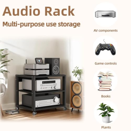 Black 3-Tier AV Media Stand, Heavy Duty Audio Rack Tower, Adjustable Shelves
