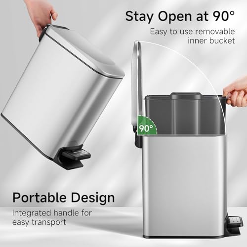 TIPGO Small Bathroom Trash Can with Lid - 1.6 Gallon, Silver, Soft Close