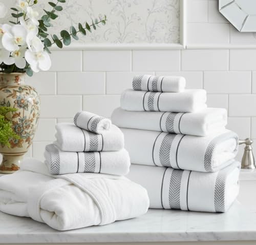 White/Grey Luxury 6-Piece Cotton Bath Towels Set - Soft Absorbent Quick Dry