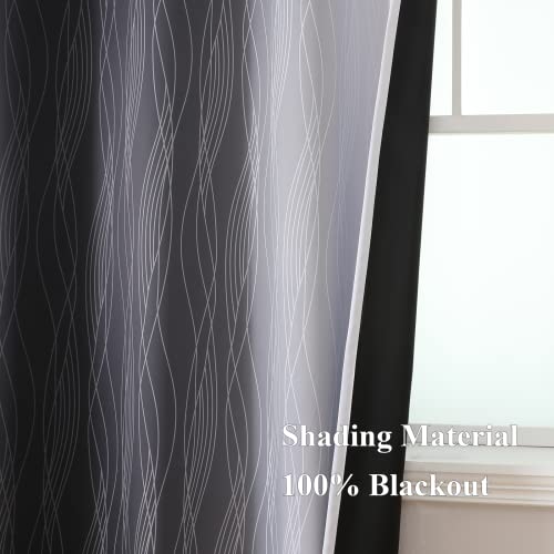 Black and Greyish White Ombre Blackout Curtains for Bedroom 52x84 Inch - Pack of 2 - Modern Wavy Line Design