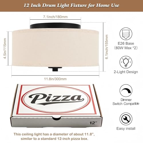 Beige Linen 12-Inch Flush Mount Ceiling Light with 2 E26 Sockets for Small Rooms