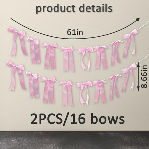 2 Strings Wedding Hanging Bow Pink Garland Bows Baby Shower Hanging Bows Pink Coquette Birthday Craft Bows Banner for Bridal Shower, Engagement, Wedding Decorations