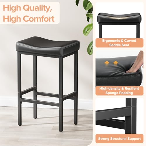 Black 24 Inch Counter Height Bar Stools Set of 2 - Modern Compact Dining Chairs