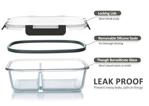 Glass Meal Prep Containers 36 oz with 2 Compartments and Locking Lids - Gray - 5 Pack