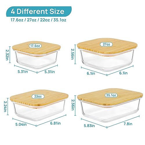 Glass Food Storage Containers Set of 4 with Bamboo Lids - Multi-Size Meal Prep