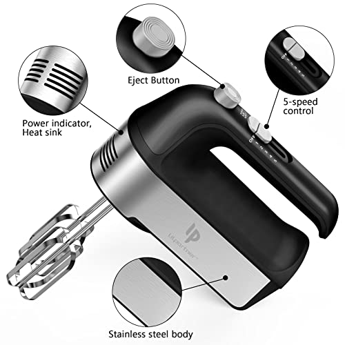 Electric Hand Mixer 450W with Scale Cup Storage Case Black - 5 Speeds & Accessories