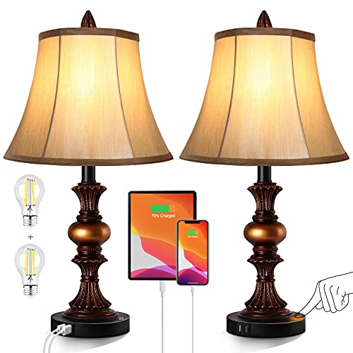 PARTPHONER Bronze Touch Control Vintage Bedside Table Lamps Set of 2 with USB Ports